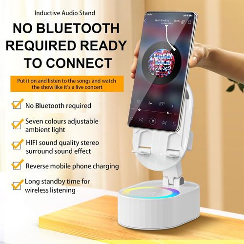 AKLLCCR Wireless Induction Audio Bluetooth Speaker 5in1 Cellphone Holder USB Emergency Rechargeable (5000mAh) Portable Power Mobile Tablet Stand with Colorful Ambient Light Gifts for Friend, Family