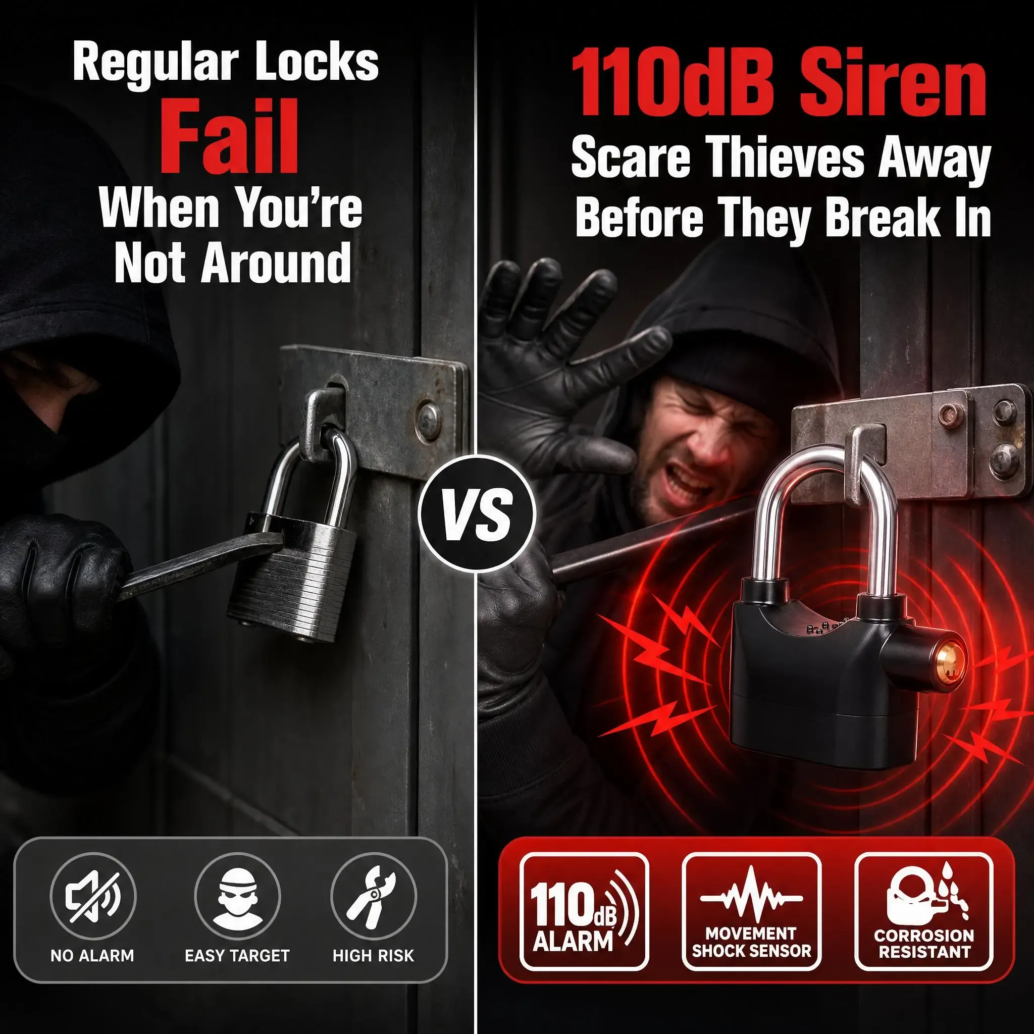 Waterproof Anti-Theft Alarm Padlock, 110dB Vibration Trigger Security Lock for Motorcycle, Gate