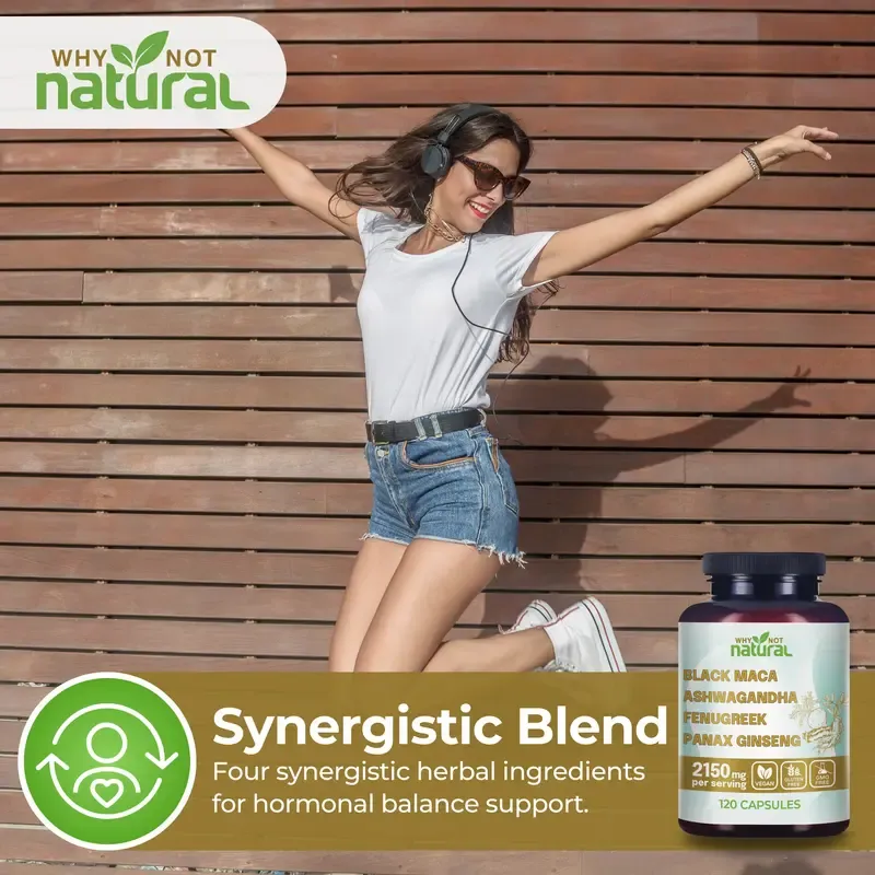 4-in-1 Organic Black Maca Root, Ashwagandha, Fenugreek, Panax Ginseng Supplement for Men and Women in Capsules by Why Not Natural Healthcare Edible