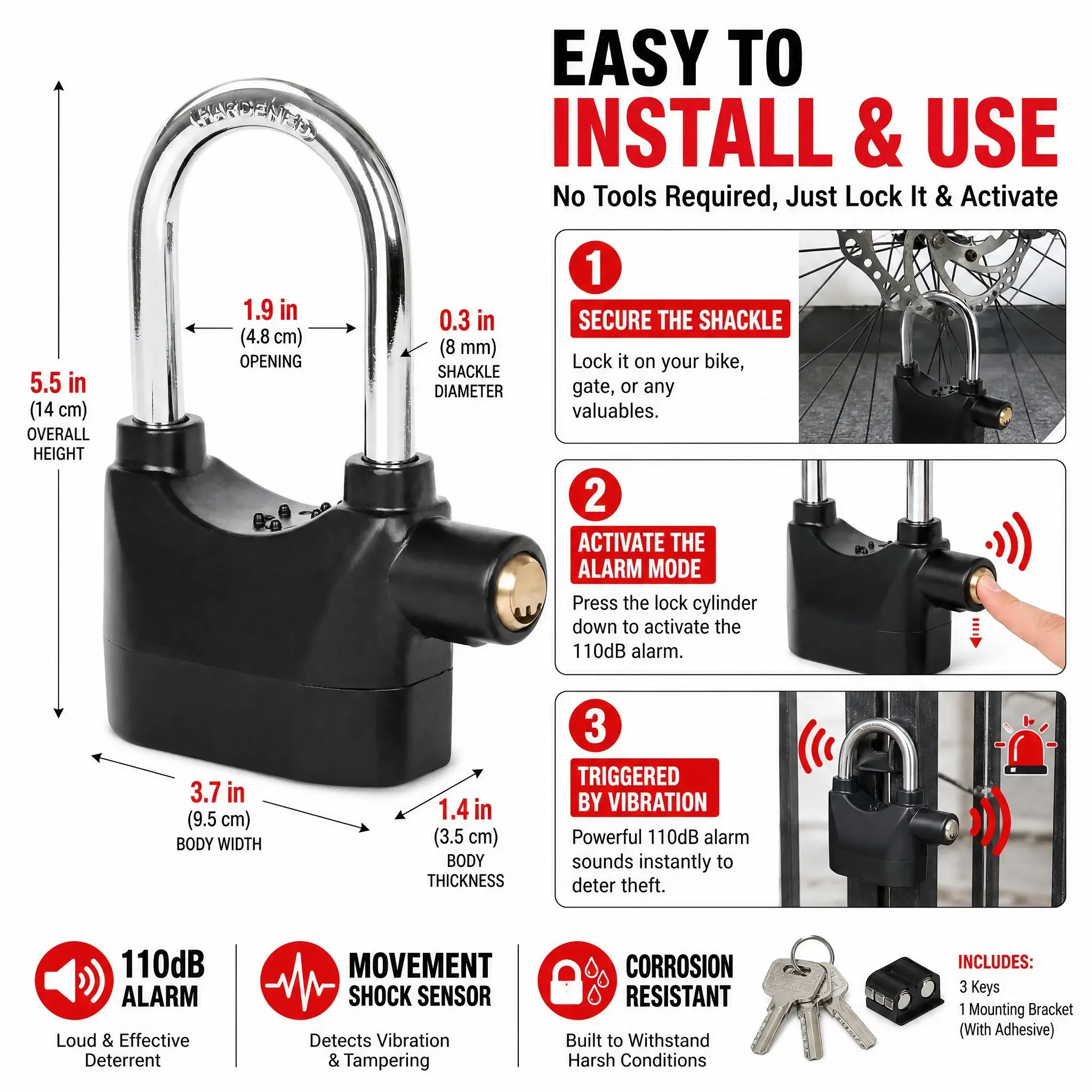 Waterproof Anti-Theft Alarm Padlock, 110dB Vibration Trigger Security Lock for Motorcycle, Gate