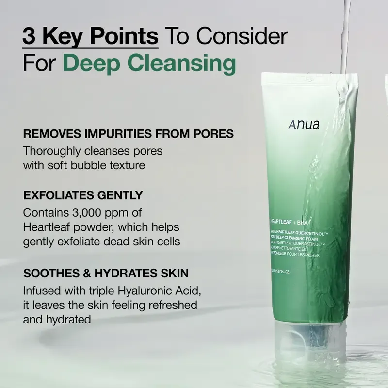 Anua Heartleaf Quercetinol Pore Deep Cleansing Foam for Facial wash 5.07 fl oz (150 ml) ｜Deep Clean Pores | Control Oil | Fight Acne | Gentle & Soothing