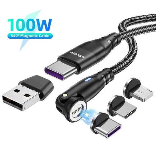 360 Pro 3-in-1: Universal Magnetic Charging Cable | 100W Fast Charge | 360 Rotating Head | USB-C, Lightning & Micro-USB Tips | For iPhone, Android, Tablets & Headphones