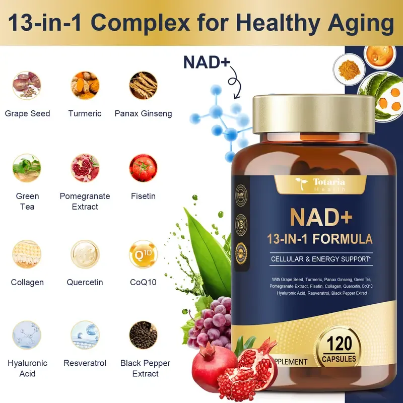 Totaria NAD Supplement with Niacinamide Riboside Resveratrol, Quercetin, Betaine Boost NAD+ Levels NAD Plus Anti-Aging, Energy, Immune, Focus 120 Capsules.