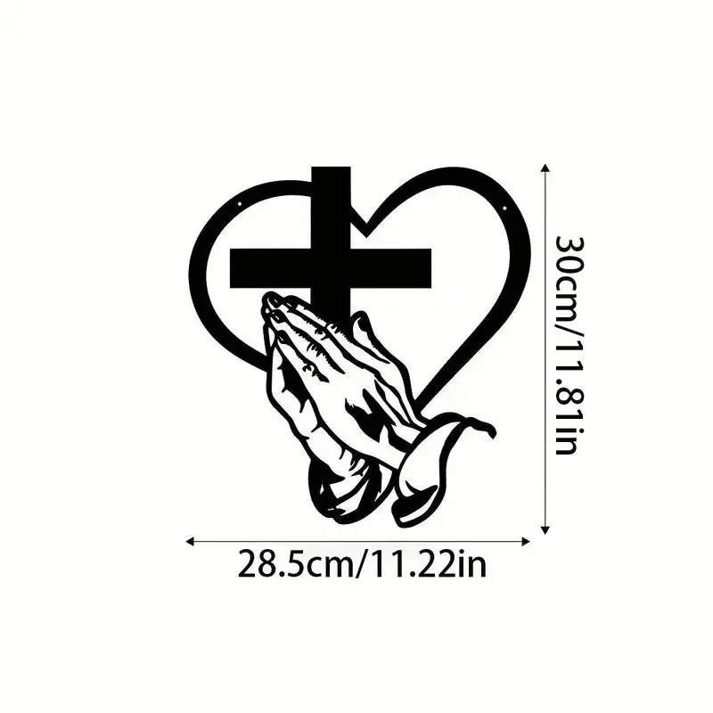 Elegant Metal Christian Religious Heart & Cross Wall Art, Cross Decorations, 15.74 Inch Praying Hands Design, Indoor Outdoor Iron Sculpture Decor for Living Room Garden Office Farmhouse Prayer Hands