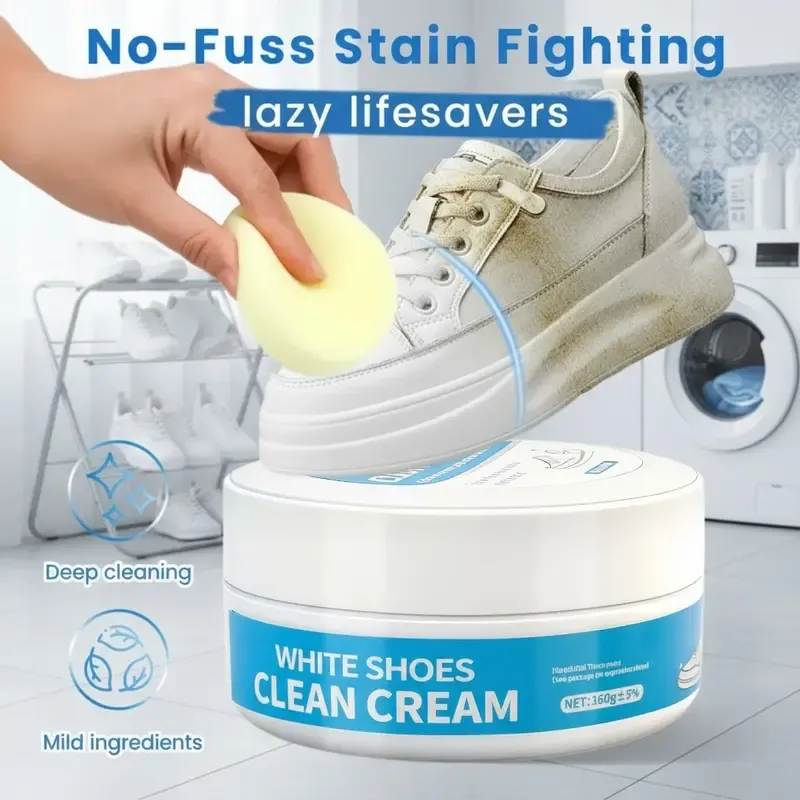 White Shoe Cleaner Cream Multipurpose No-Wash Solid with Sponge for Leather Silicone Car Interiors Mild Non-Irritating Eco-Friendly