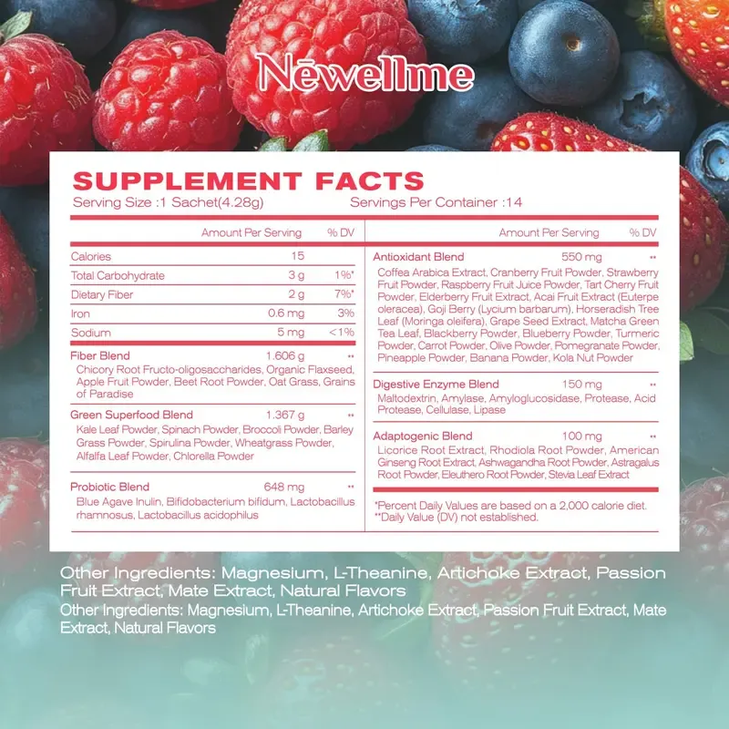 NEWELLME Happy Cleaner Superfood Powder – Sugar-Free Berry Drink Mix, Antioxidant & Digestion Support, Vegan, Non-GMO, Gluten-Free, 14 Packets