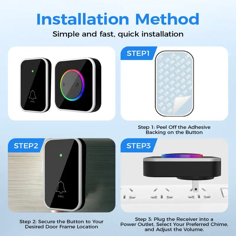 Wireless Home Security Door Bell Ringer - Waterproof, Easy Installation, Adjustable Volume, 45 Chime Variety, LED Entry Glow, 1000Ft Range, Black Bell for Door, Door Bell Ringer Wireless, Home Security Doorbell