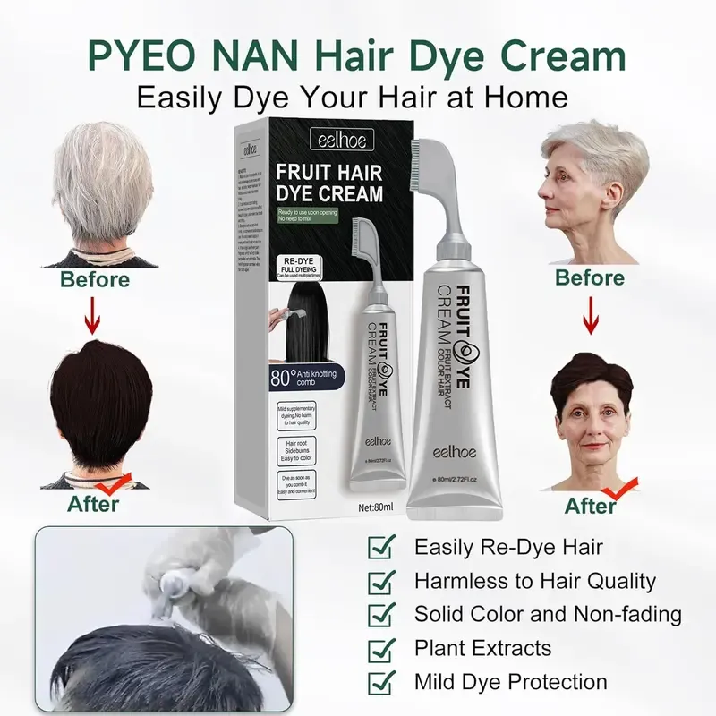 Fruit Hair Dye Cream with Comb for Grey Hair Coverage – Ammonia Free Hair Color Cream for Women & Men, Ready to Use No Mixing Needed, Long Lasting Non-Staining Fruit Essence Formula, 80ml