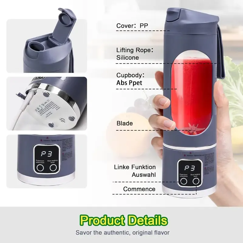 Portable electric juicer, with a purple exterior and a digital display, measuring 255 millimeters in height, suitable for making personal smoothies and juices, equipped with an LED screen ultimate portable blender liquid diet digital multimode