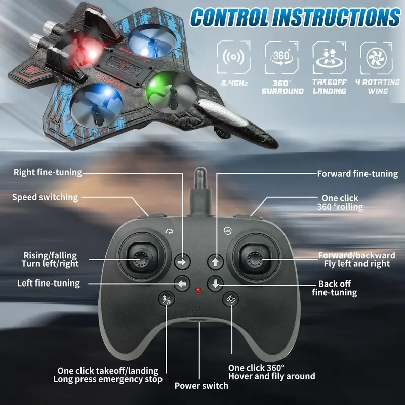 RC Fighter Jet Toy with LED Lights, Remote Control Airplane for Kids, 360° Rolling Stunt Flying Toy with Stable Hover, One Key Takeoff Landing Gift for Boys Girls Remote Control Jet Remote Control Aircraft Rc Airplanes
