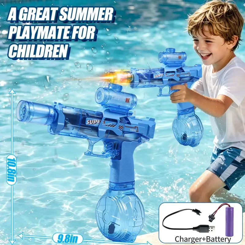 Electric Water Blaster Toy with LED Light Effects, Rechargeable Automatic Summer Water Blaster with Large Capacity Drum, Long Range Pool Beach Backyard Outdoor Toy for Kids & Teens