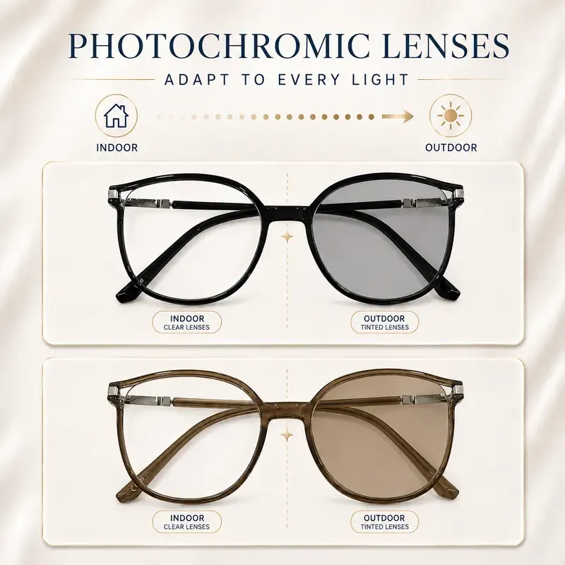 Unisex Retro Oval Photochromic Reading Glasses, Blue Light Blocking Readers with Lightweight Glossy Frame & Precision Metal Hinges, Indoor Outdoor Reading, Phone & Computer Use, Transition Eyeglasses for Women Men