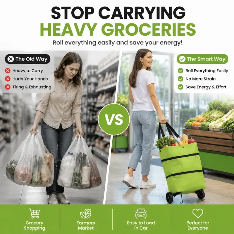 2-in-1 Tote Bag & Rolling Shopping Cart, Foldable Grocery Bag with Wheels, Large Capacity Shopping Tote for Easy Carrying & Rolling