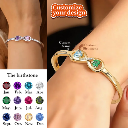 Personalized Bracelet with Names &amp; Heart Birthstones, Anniversary Gift for Her