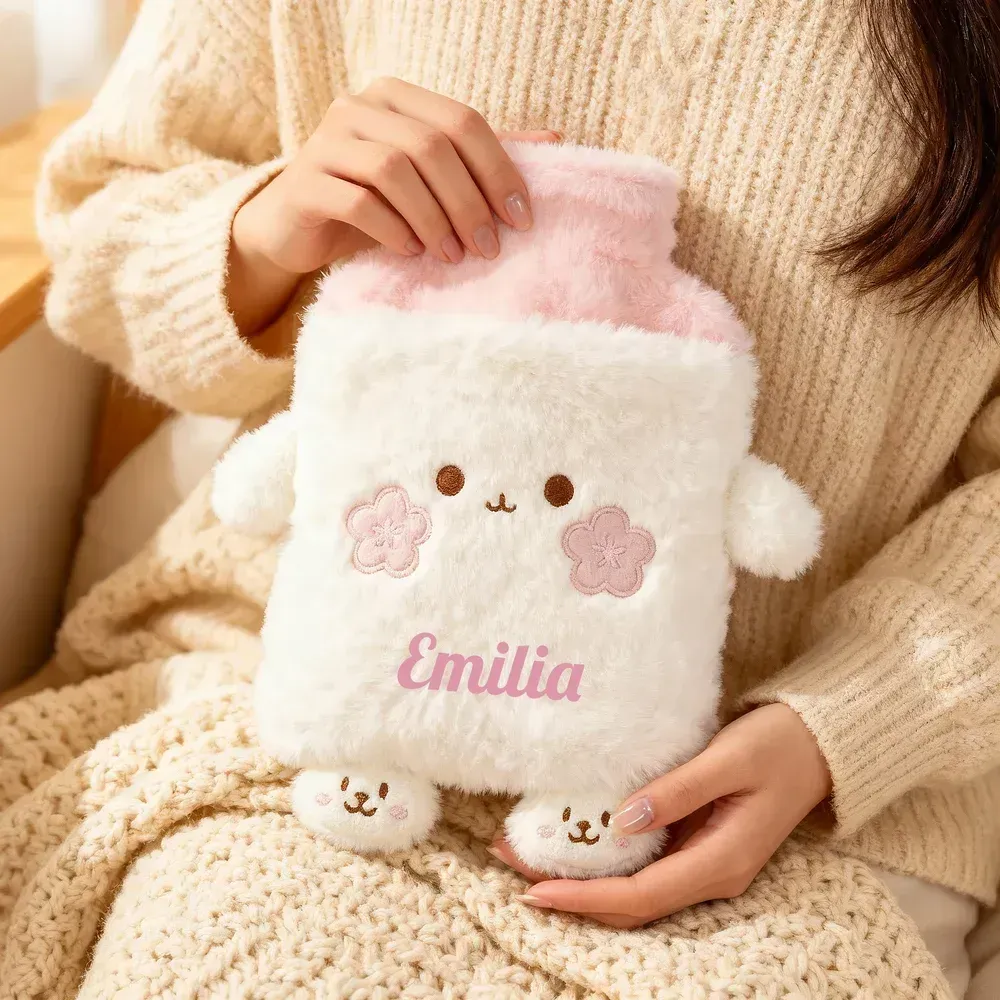 Personalized 1-liter plush hot water bottle with adorable animal designs and the option to have your name printed on it - perfect for home, travel, birthdays, winter, Christmas, or as a gift for kids and friends.