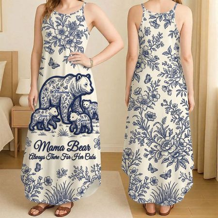 Toile De Jouy Bear Mom Dress - Personalized Gifts For Mother's Day Suspender Maxi Dress