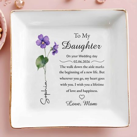 To My Daughter Wedding Day Gift Purple Flower Jewelry Dish - Personalized Custom Jewelry Dish, Square Ceramic Dish