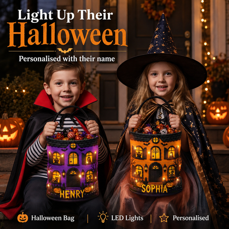 Personalised Light-Up Haunted House Trick or Treat Bag with Name – Kids Halloween Candy Bucket