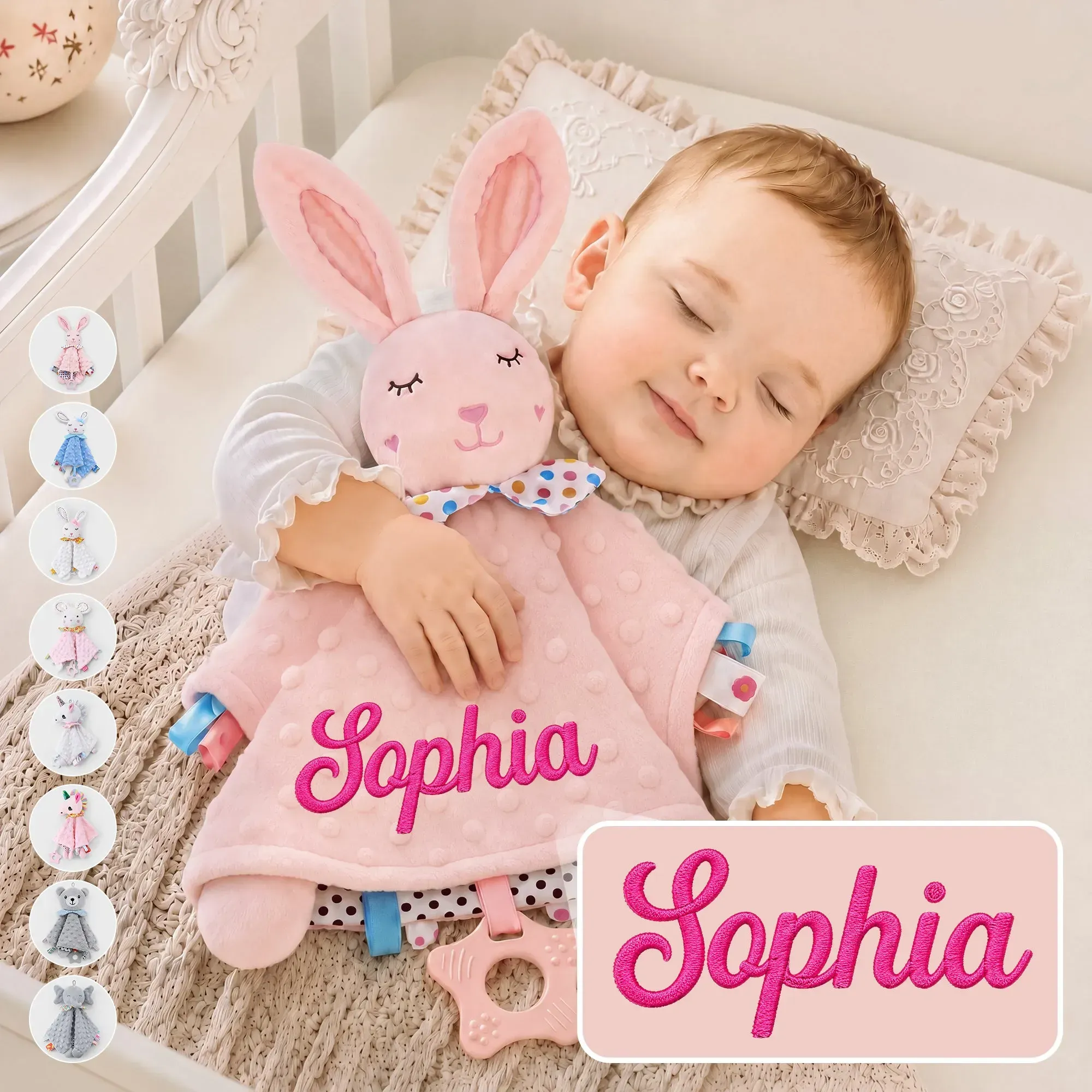 Personalized Baby Lovey Blanket,Custom Embroidered Name, Minky Dot Sensory Security Blanket