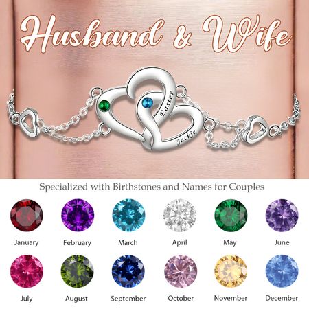 Personalized Two Joined Hearts Engraved Name Birthstone Couple Bracelet