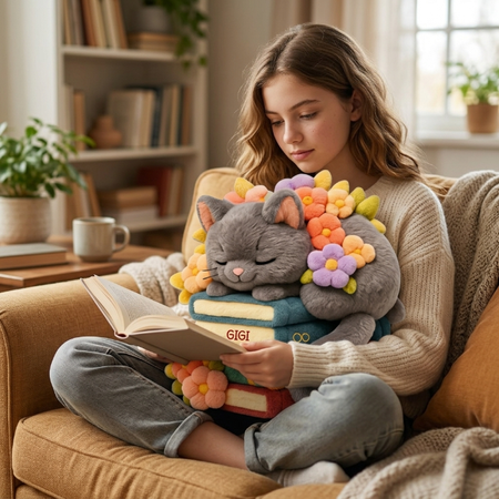 Cat With Books Custom Shaped Pillow - Personalized Gifts For Book Lover