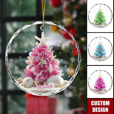 Personalized Sea Theme Christmas Ornament, Coastal Blue Tree With Seashells & Starfish