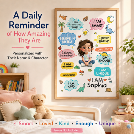 Personalized Kids Affirmation Poster with Name & Custom Character – I Am Smart, Loved & Enough Confidence Wall Art