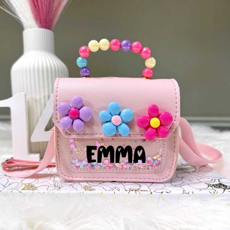 Personalized Name Little Flower Pearl Handbag for Kids – Custom Glitter Crossbody Purse for Girls