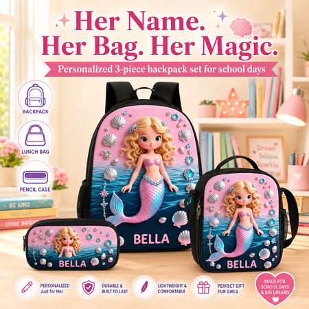 Personalized Princess Backpack Set – Custom Name School Bag, Lunch Bag & Pencil Case