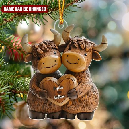 Highland Cowl Paar - Personalisiertes Weihnachtsornament aus Acryl