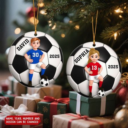 Fußball Mädchen Junge 3D Effekt - Personalisiertes Weihnachtsornament aus Acryl