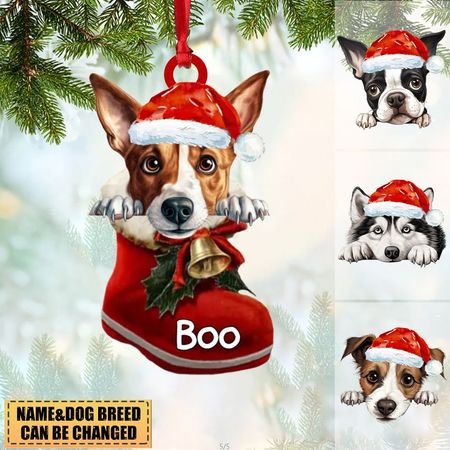 Hund in Weihnachtsschuhen – Acryl-Weihnachtsschmuck