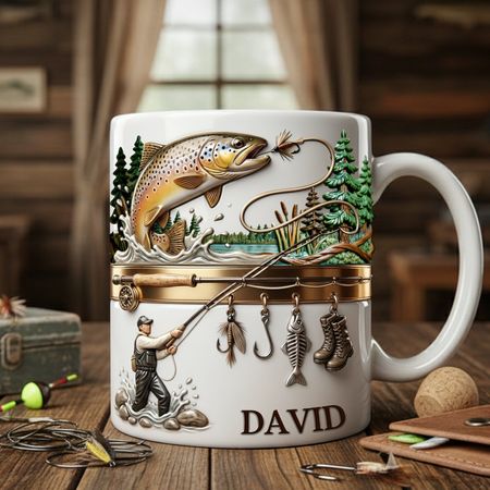 Weiße Kaffeetasse Angeln – Personalisiertes Geschenk für Angelfreunde