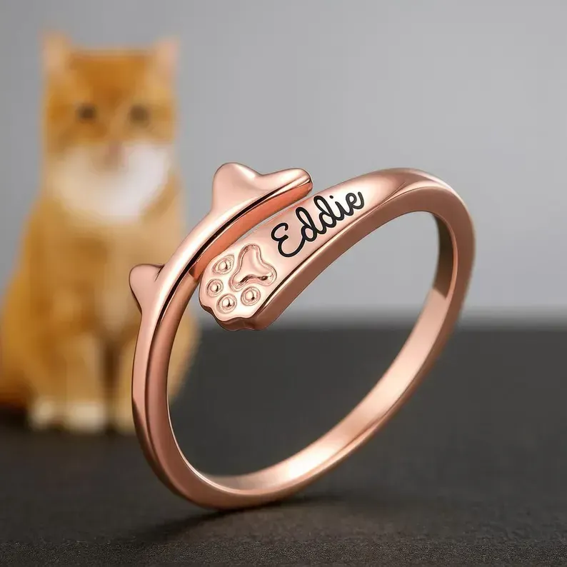 Personal isierter verstellbarer Katzenohr ring, benutzer definierter verstellbarer Pfoten druck ring (Frauen), benutzer definierter Name Haustiers chmuck, Haustier-Gedenk geschenk