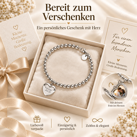 💖 Personalisiertes herzförmiges Foto-Anhänger-Perlenarmband – Wird mit einem zu öffnenden herzförmigen Anhänger und einem individuellen Foto geliefert.