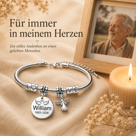 Personalisiertes Engel-Gedenkarmband mit Name und Jahreszahlen – verstellbarer Erinnerungsschmuck