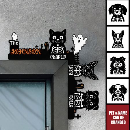 Halloween Skelett Haustier mit individuellem Familiennamen - Personalisiertes Türschild aus Holz
