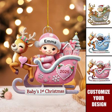 Baby – Erstes Weihnachtsfest – Neugeborenes auf dem Schlitten – Personalisierte Acryl-Weihnachtsdekoration