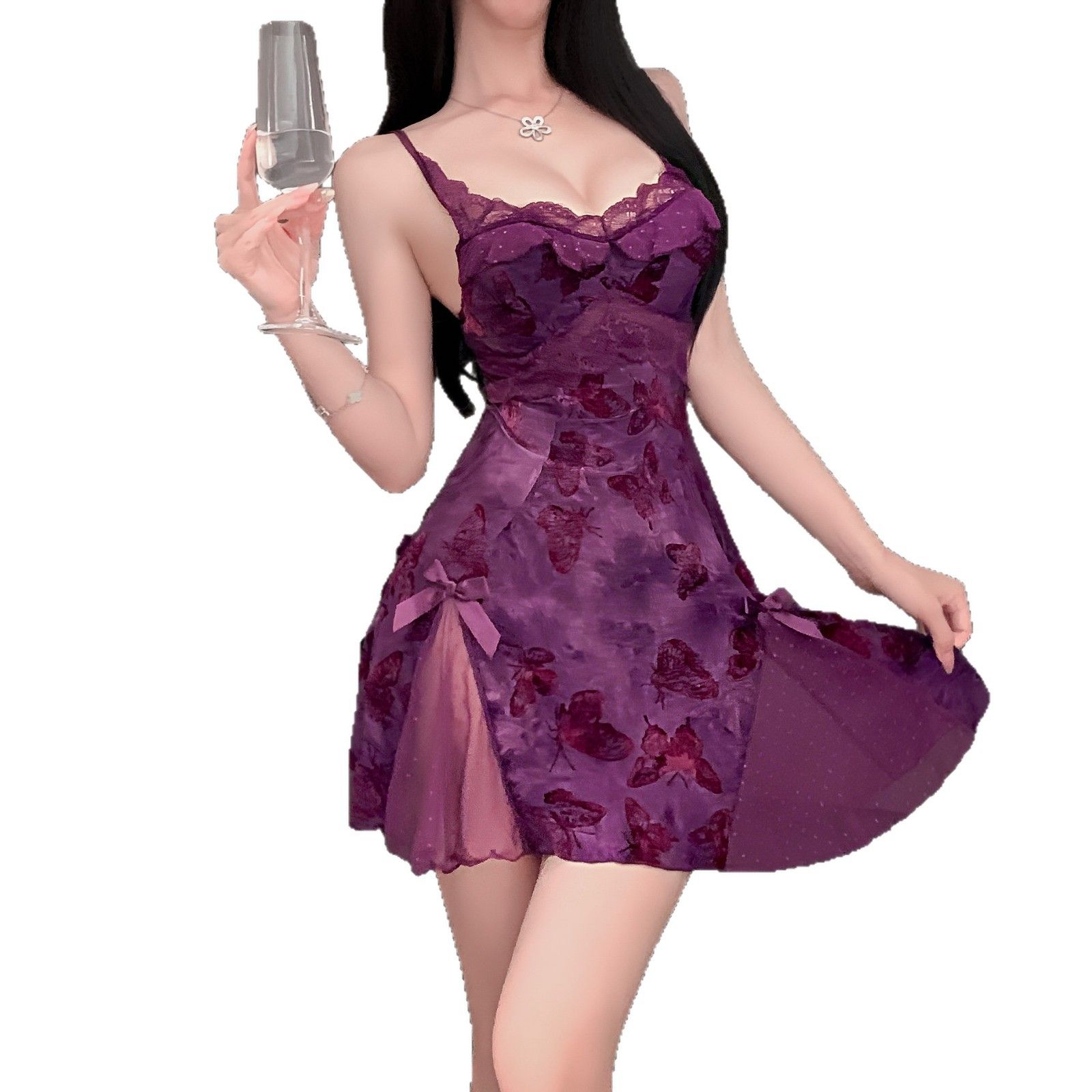 女性用の紫色のセクシーなパジャマ新しい夏のスタイルブラパッドがフロック加工され高級で洗練されていて