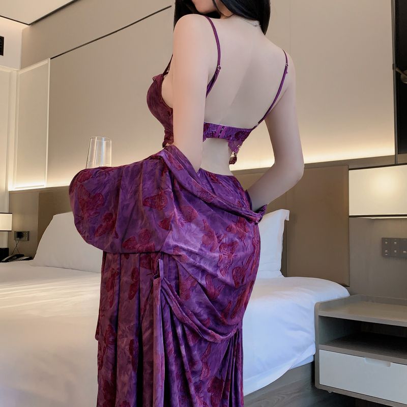 女性用の紫色のセクシーなパジャマ新しい夏のスタイルブラパッドがフロック加工され高級で洗練されていて