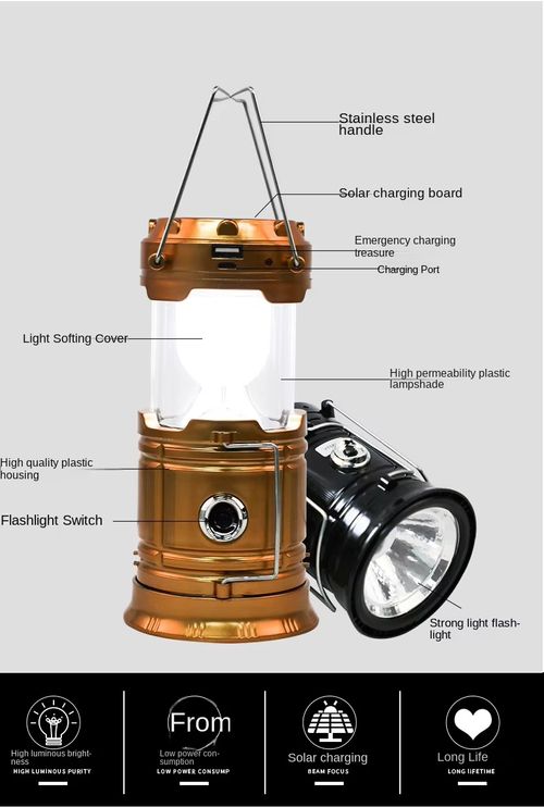 4‑in‑1 Solar Camping Lantern Collapsible Hand Flashlight Power Bank, Solar Rechargeable Emergency Lantern for Camping Hiking Power Outage Disaster Rescue