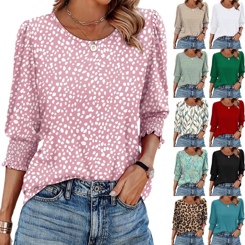 Women Dressy Casual Length Sleeve Blouses with Smocked Cuffs