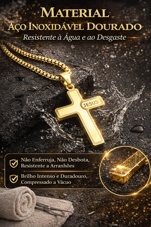 Colar de Cruz Dourado com Gravação JESUS | Ideal para Pessoas com Infecção Ungueal em Luanda | Entrega no Dia Mesmo