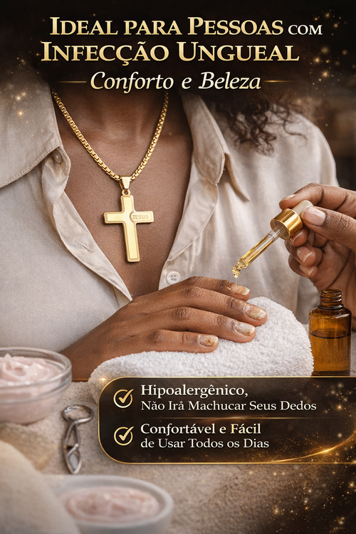 Colar de Cruz Dourado com Gravação JESUS | Ideal para Pessoas com Infecção Ungueal em Luanda | Entrega no Dia Mesmo
