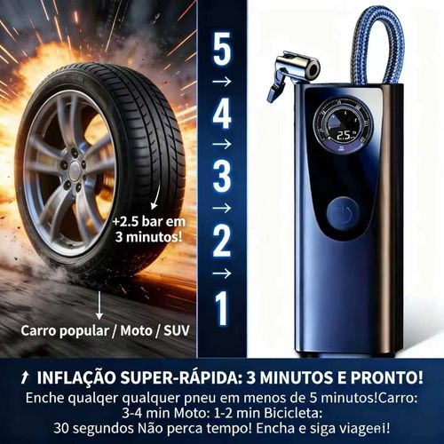 Inflador de Pneus Portátil Automático, Super Rápido com Tela Digital Precisa para Carro, Moto e Bicicleta 🚗🏍️