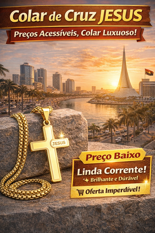 Colar de Cruz Dourado com Gravação JESUS | Ideal para Pessoas com Infecção Ungueal em Luanda | Entrega no Dia Mesmo