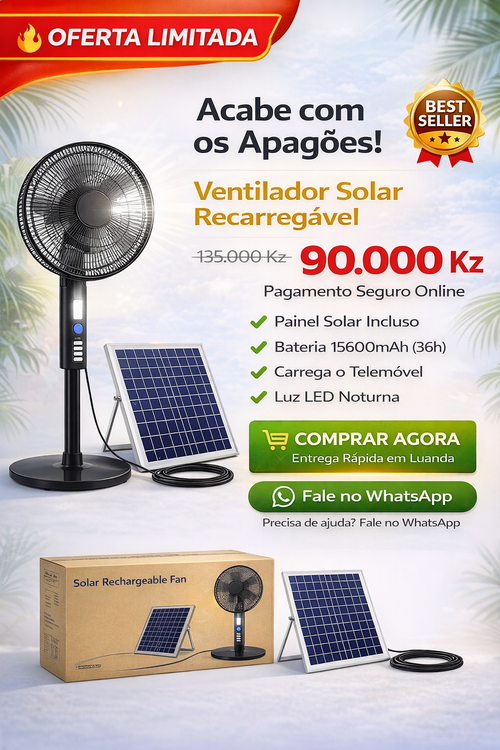 🔥 O MAIOR VENTILADOR SOLAR DE LUANDA! ACABE COM OS APAGÕES PARA SEMPRE! 15600mAh BATERIA GIGANTE + PAINEL SOLAR INCLUSO! 🔥