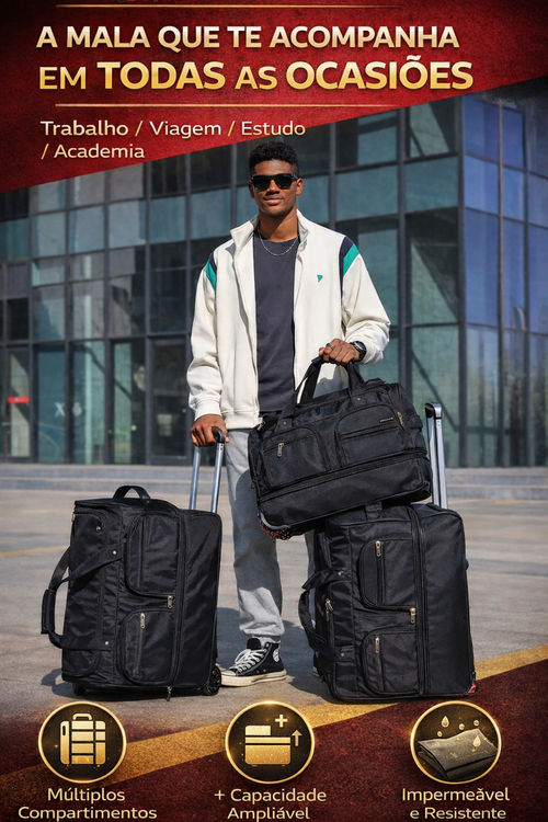 Mala de Viagem Expansível com Rodas Triplas, Bolsa de Viagem Grande Resistente para Viagem, Trabalho e Faculdade 🧳