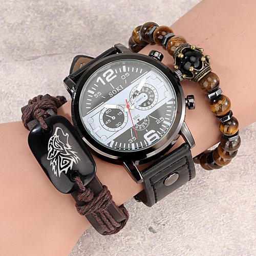 Male Retro Watch Bracelet Gifts Set Brown Quartz Arabic Numerals Dial Leather Strap Clock Men Bracelets Fine Gift for Boyfriend