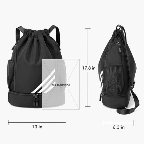 DRAWSTRING BACKPACK WATER RESISTANT STRING BAG GYM SPORTS WITH SHOE COMPARTMENT SIDE MESH POCKETS FO